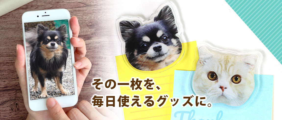 大切な犬猫ペットの写真、そのまま眠っていませんか？その一枚を、毎日使えるグッズに。
マグネット、ハンカチやキーホルダーにして、いつでもそばに。